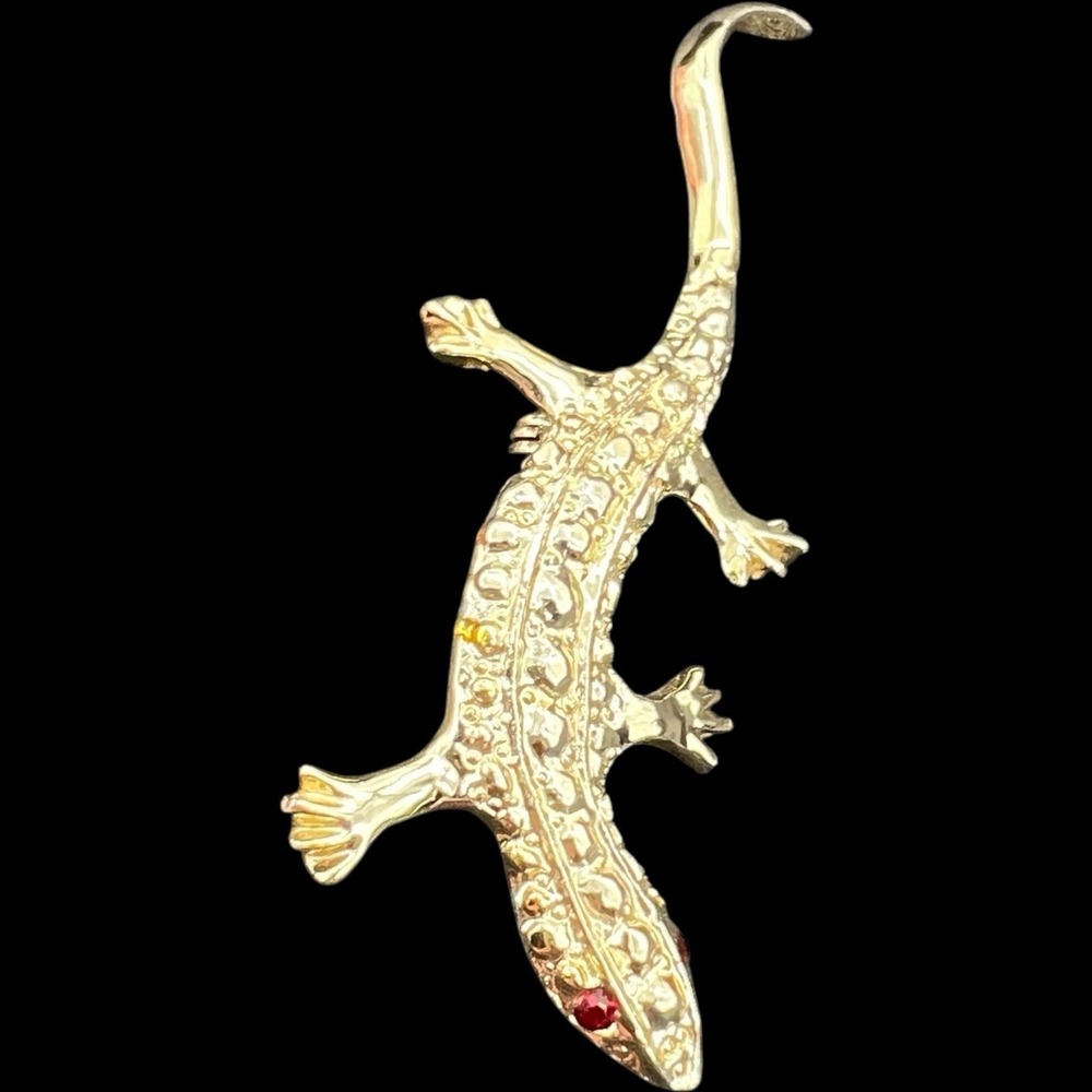 Vintage Lizard Gecko Salamander Gold Tone Red Eyes Signed Gerry Brooch‎